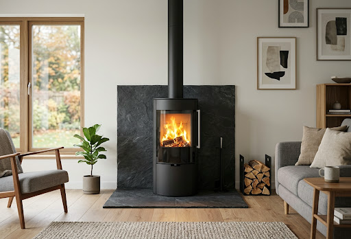 Wood burner in snug front room in Rhyl