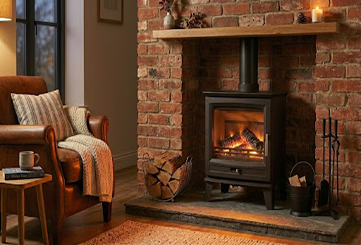 Free standing wood burner in a front room dinning space