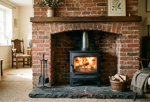 Brickwork exposed around log burner in a front room in North Wales