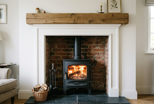 Log burner installed in a front room, in Conwy with a smooth clean finish